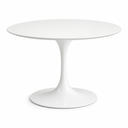 A modern white round dining table with a tulip base, shown on a clean white background.