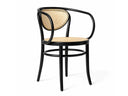 A modern bentwood dining chair with a black frame and natural woven cane seat and backrest, shown on a white background.