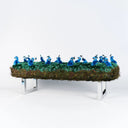 AP Collection Royal Bench Long low bench with a cushion upholstered in dark green and brown peacock feathers topped