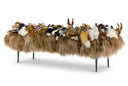 AP Collection Alpine Bench Long low bench upholstered in shaggy brown faux fur topped with numerous assorted brown and
