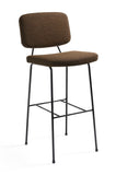 Brown bar stool with black metal legs on a white background