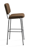 Brown bar stool with black metal legs on a white background