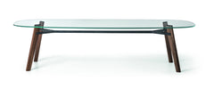 Glass coffee table with wooden legs on a white background