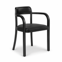 A modern black armchair with a padded seat and backrest, featuring curved armrests and a slim black metal frame, shown on a plain white background.
