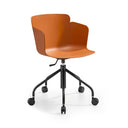 An orange molded plastic office chair with a black five-star wheeled base, shown on a clean white background.