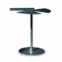 A modern metal pedestal table with a circular base and a top featuring three curved, fan-like arms, shown on a white background with a prominent shadow.