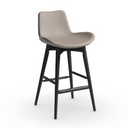 A modern counter stool with a curved taupe seat and black metal legs, shown on a clean white background.