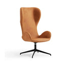 A modern high-back swivel lounge chair upholstered in warm camel-brown suede or velvet, mounted on a black metal four-star base, shown against a plain white background.