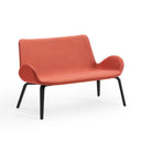 A modern two-seater lounge chair with a textured terracotta orange fabric upholstery and black metal legs, shown on a clean white background.