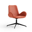 A modern swivel lounge chair with a sculpted orange-brown upholstered seat and backrest, supported by a black metal four-star base, shown on a plain white background.