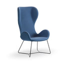A modern high-back lounge chair upholstered in textured blue fabric with a curved black metal wire base, shown against a plain white background.
