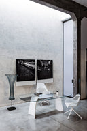 Midj Guapa DPA M CU Office Chair white woven leather seat white base on wheels at a glass desk
