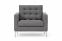 A modern gray upholstered armchair with a tufted backrest and slim silver metal legs, shown against a plain white background.