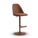 A modern barstool with a brown upholstered seat and curved backrest, supported by a matching brown metal pedestal base with a circular foot and a horizontal support bar, shown on a plain white background.