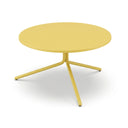 A round yellow metal side table with a three-star base, shown on a clean white background.