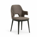A modern dining chair with a textured taupe-brown upholstered seat and backrest, featuring integrated armrests and slim black legs, shown against a plain white background.