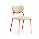 A modern dining chair with a red tubular metal frame and cream-colored textured fabric upholstery on the seat and curved backrest, shown against a plain white background.