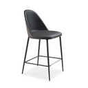 A modern counter-height bar stool with a black upholstered seat and curved backrest, supported by slim black metal legs and a footrest, shown on a plain white background.