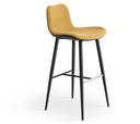 Bar stool with yellow cushioned seat and black metal legs on a white background