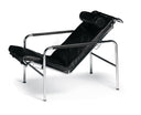A modern black leather chaise lounge chair with a polished chrome tubular metal frame, shown on a white background.