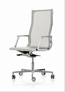 A modern office chair with a white mesh backrest and seat, supported by a chrome five-star base with dual-wheel casters.