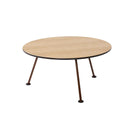 A round coffee table with a light natural wood top and three dark metal legs, shown against a plain white background.