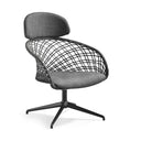 A modern swivel accent chair with a gray textured fabric seat and backrest, a black woven rope armrest, and a black metal five-star base, shown on a white background.