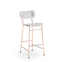A modern bar stool with a white upholstered seat and backrest, supported by a slim rose gold metal frame with a silver footrest bar and black rubber feet, shown on a plain white background.
