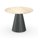 A Plisse 40 Dining Table by Midj with a light wood round top and a dark gray pleated conical base