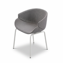 A modern gray upholstered accent chair with a white metal frame, shown on a seamless light gray studio background.