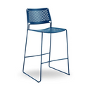 A blue metal counter stool with a perforated seat and backrest, shown on a clean white background.