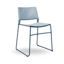 A modern side chair with a light blue-gray plastic seat and backrest, supported by a dark blue metal frame, shown on a white background.