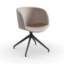 A modern barrel-style swivel chair with a curved taupe-beige upholstered seat and back, supported by a black five-star metal base, shown on a clean white background.