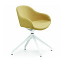A modern accent chair with a textured mustard yellow fabric seat and curved backrest, mounted on a white five-star metal swivel base, shown against a solid white background.