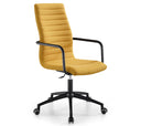 A modern office chair with a mustard yellow ribbed fabric upholstered seat and backrest, supported by a black metal frame with armrests and a five-star wheeled base.