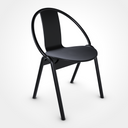 A modern black wooden dining chair with a curved backrest and angled legs.