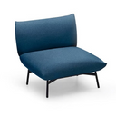 A modern low-profile accent chair with a textured blue fabric upholstery and slim black metal legs, shown on a clean white background.