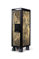 A tall, narrow rolling display case or cabinet with a black metal frame and sides, covered in an ornate gold and brown floral or damask-style patterned front and back. It has four caster wheels and a black handle area on the side.