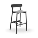 Montera L TS Stool by Midj Dark stained wood bar stool with gray fabric seat and curved backrest
