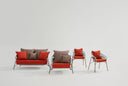 Midj Bolle DV M TS IN Indoor Sofa set red fabric and brown pillows with two matching armchairs on white background
