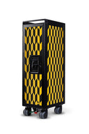 A tall, narrow black rolling storage cabinet with a bold yellow and black geometric diamond pattern on the front doors, featuring a central handle and four caster wheels, shown on a white background.