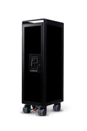 A tall black rack-mounted speaker cabinet on casters, shown from a three-quarter angle against a plain white background.