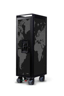A black server rack on casters with a world map pattern on the front door, featuring a front-mounted power supply unit and a handle on top, shown against a plain white background.