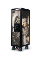 A tall black rolling storage cabinet or server rack with a marbled print in black, gray, white, and gold, featuring a front-mounted control panel and four caster wheels, shown on a white background.