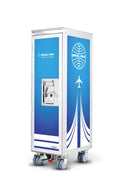A tall, narrow beverage dispenser cart with a blue and white design, featuring the PANAM logo and an airplane graphic, on a white background.