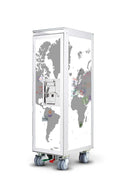 A tall white rolling storage cabinet with a gray world map graphic on the doors and a metal lock mechanism on the front, shown on a plain white background.