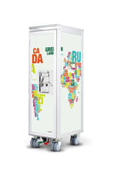 A white rolling storage container with casters, decorated with colorful text and a map of Africa on the side, photographed on a clean white background.