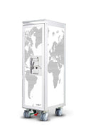 A tall white rolling storage cabinet with a world map graphic on the door and side panels, featuring a silver handle, lock, and four caster wheels, shown on a white background.