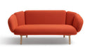 An orange upholstered two-seater sofa with rounded arms and light wood legs, shown against a plain white background.