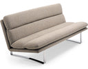 A modern fabric sofa bed with a textured taupe-beige upholstery and sleek chrome metal legs, shown on a clean white background.